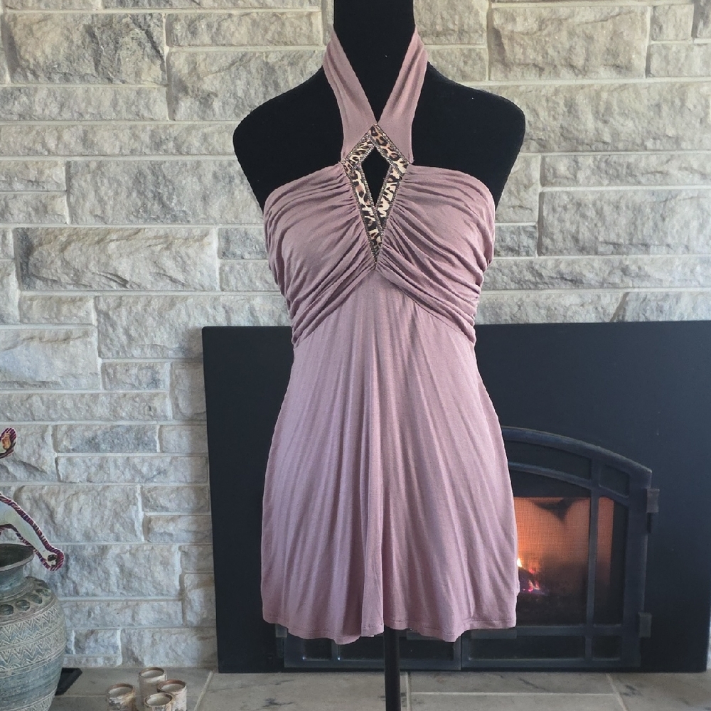 VENUS Mauve Halter Top with Ruched Bust & Embellished Keyhole. Size Medium